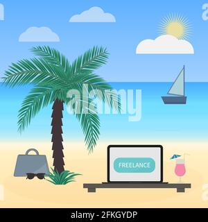 Illustrazione vettoriale del lavoro freelance in stile piatto. Computer portatile e bicchiere di cocktail sotto le palme sulla spiaggia tropicale. Concetto di lavoro a distanza. Lavorare su holi Illustrazione Vettoriale