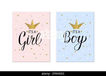 Banner di Gender Reveal è una ragazza ed è un ragazzo. Scritta Calligraphy con corona oro glitter e confetti. Modello vettoriale per Baby doccia party de Illustrazione Vettoriale