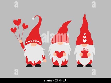 Carino cartoon Valentine gnomes. Carattere scandinavo nordico. Modello vettoriale per banner, poster, biglietto d'auguri, t-shirt, ecc. di San Valentino Illustrazione Vettoriale