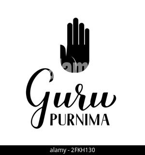 Guru Purnima calligrafia mano scritta isolato su bianco. Festa buddista per onorare gli insegnanti spirituali e accademici. Modello vettoriale per tipograp Illustrazione Vettoriale