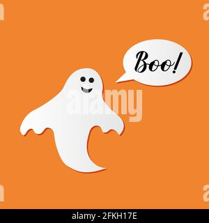 Scritta a mano Boo con simpatico fantasma cartoon su sfondo arancione. Modello vettoriale facile da modificare per biglietti d'auguri, banner, poster tipografici di Halloween, Illustrazione Vettoriale