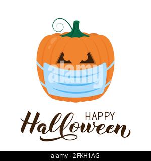 Halloween Pumpkin indossare maschera protettiva icona isolato su bianco. Carino cartone animato Jack-o -Lanterna. Coronavirus covid-19 pandemia. Halloween 2020 party de Illustrazione Vettoriale