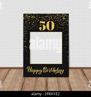 Felice 50esimo compleanno cabina foto cornice. Festa di compleanno photobooth props. Decorazioni con festa in confetti nero e oro. Modello vettore. Illustrazione Vettoriale