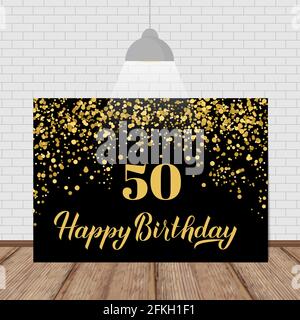 Felice banner di celebrazione scritto a mano per il 50° compleanno. Decorazioni per feste di compleanno o anniversario con confetti in oro e nero. Modello vettoriale facile da modificare Illustrazione Vettoriale