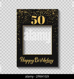 Happy 50th Birthday photo stand cornice su un appoggi trasparente. Festa di compleanno photobooth props. Decorazioni con festa in confetti nero e oro. Vettore t Illustrazione Vettoriale