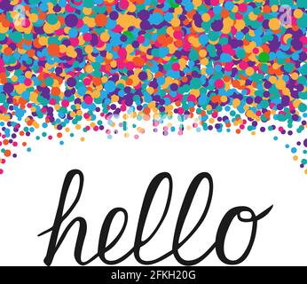 Ciao calligrafia scritta con confetti colorati. Poster tipografico disegnato a mano. Parola Ciao scritto con pennello. Modello vettoriale per biglietti d'auguri, w Illustrazione Vettoriale