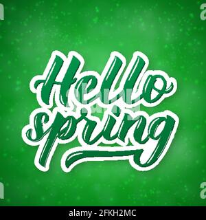 Ciao primavera scritta 3d su sfondo verde brillante con scintille . Poster del preventivo stagionale ispirato. Logo scritto a mano. Illustrazione vettoriale. Illustrazione Vettoriale