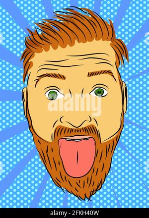 Bell'uomo che fa i volti e che si stacca la lingua su sfondo colorato. Felice caucasico con espressione divertente. Espressione vettoriale illustrata, Illustrazione Vettoriale