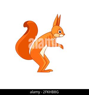 Carino scoiattolo rosso è in piedi. Carattere cartoon di un roditore curioso-un animale di mammifero. Una creatura della foresta selvaggia con pelliccia d'arancia. Vista laterale. Vettore Illustrazione Vettoriale
