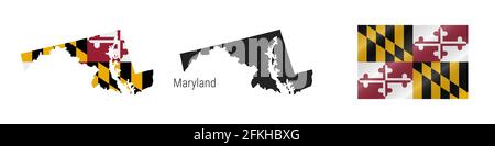 Mappa dello stato del Maryland con bandiera mascherata. Silhouette dettagliata. Flag di ondulazione. Illustrazione isolata su bianco. Foto Stock