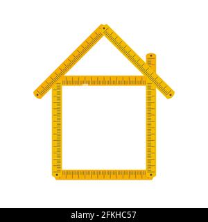 Icona Home fatta da una regola di piegatura gialla. Costruzione, sviluppo di case. Idea calcolatore ipotecario. Illustrazione piatta isolata su sfondo bianco. Foto Stock