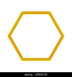 Telaio esagonale realizzato con righello pieghevole giallo. Illustrazione piatta isolata su sfondo bianco. Foto Stock