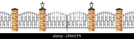 Pannelli recinzione in ferro battuto e cancelli. Pali di mattoni e luci di strada. Barre di recinzione a lancia e figure curve. Illustrazione 3D realistica isolata su bianco b Foto Stock