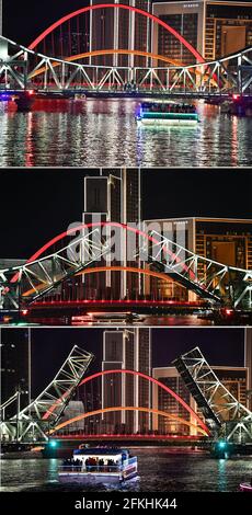 Tianjin. 1 maggio 2021. La foto combinata del 1° maggio 2021 mostra la procedura di apertura del ponte Jiefang a Tianjin, Cina settentrionale. Credit: Sun Fanyue/Xinhua/Alamy Live News Foto Stock