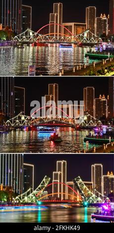 Tianjin. 1 maggio 2021. La foto combinata del 1° maggio 2021 mostra la procedura di apertura del ponte Jiefang a Tianjin, Cina settentrionale. Credit: Sun Fanyue/Xinhua/Alamy Live News Foto Stock