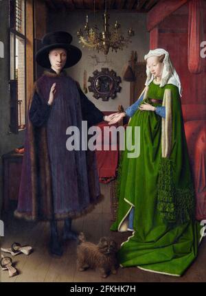 Jan van Eyck, The Arnolfini Portrait, 1434, Oil on Oak Panel, National Gallery, Londra, Regno Unito. Foto Stock