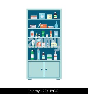 Armadio della farmacia pieno di farmaci, pillole e bottiglie. Scaffali per farmacia. Armadio medico. Illustrazione vettoriale in stile piatto su sfondo bianco Illustrazione Vettoriale