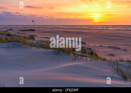 Tramonto sull'isola olandese di Wadden Vlieland, nella parte settentrionale dei Paesi Bassi. Foto Stock