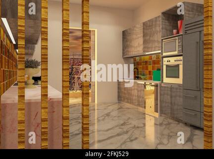 Cucina in stile contemporaneo 3D con ripostiglio e controsoffitto con finitura bianca e luce insenabile. Foto Stock