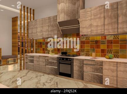 Cucina in stile contemporaneo 3D con ripostiglio e controsoffitto con finitura bianca e luce insenabile. Foto Stock