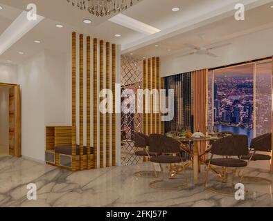 Soggiorno in stile contemporaneo con rendering 3D, tavolo da pranzo e controsoffitto con finiture di colore bianco e luce insenabile. Foto Stock