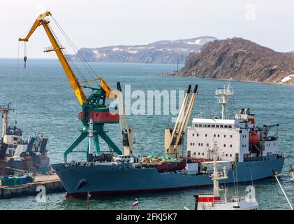 Le navi al molo, gru portuali sul porto commerciale Petropavlovsk-Kamchatsky City sulla riva della baia di Avacha nell'Oceano Pacifico. Foto Stock