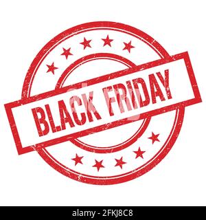 Testo DEL BLACK FRIDAY scritto su un francobollo rosso rotondo in gomma vintage. Foto Stock