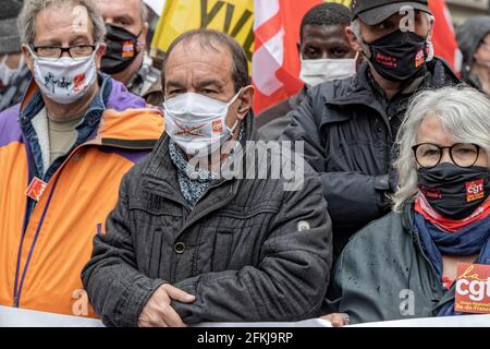 Parigi, Francia. 1 maggio 2021. Philippe Martinez (CGT) partecipa alla protesta del giorno di maggio a Parigi Foto Stock