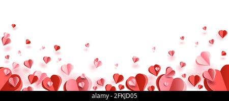 Cuori rossi e rosa in stili di taglio di carta. Cuori volanti su sfondo bianco. Sfondo con cuori per San Valentino, compleanno, matrimonio. Illustrazione Vettoriale