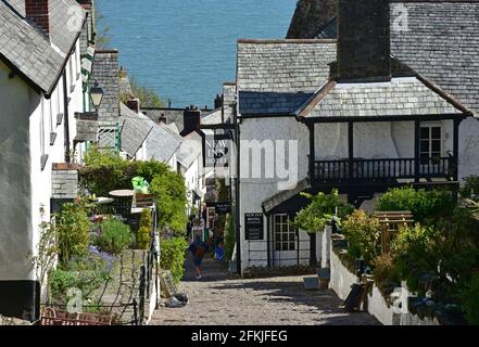 Case sulla strada principale a Clovelly, Devon nord, in primavera sole Foto Stock