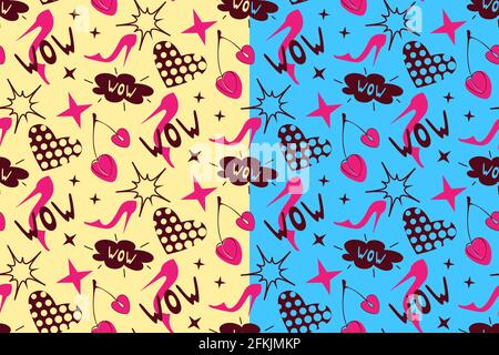 Le ragazze alimentano il modello senza giunture. Stile di vita femminile, elementi disegnati a mano, scarpe rosa con tacco alto, ciliegia, bolla vocale wow, cuore, stelle Illustrazione Vettoriale