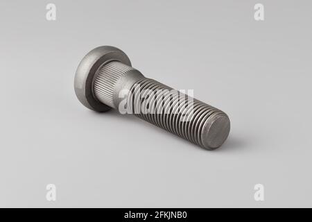 Vite di fissaggio della ruota su fondo grigio. Vite di fissaggio del morsetto della batteria. Bullone. Bullone auto Foto Stock