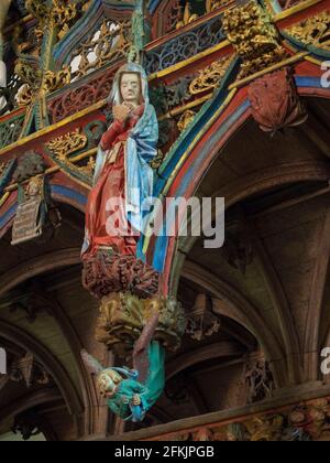 Dettaglio del rood screen della Chapelle de St Fiacre, Faouët, Morbihan, Bretagna, Francia. Foto Stock