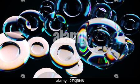 Sfere di rendering 3d trasparenti rotonde a caduta con riflessi cristallini. Perle traslucide in danza digitale con tracciatura testurizzata. Sapone liquido de Foto Stock
