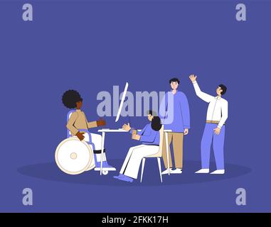 Gruppo di professionisti diversi che lavorano insieme su un progetto. Persone che lavorano in squadra. Inclusione in ufficio. Colleghi che parlano alla riunione di affari. Vettore Illustrazione Vettoriale