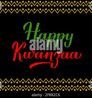 Felice Kwanzaa calligrafia mano caratteri isolati su sfondo ornamentale. Festa afroamericana. Modello vettoriale per poster tipografico, banner, gre Illustrazione Vettoriale