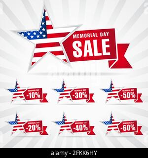 Banner creativo Happy Memorial Day USA. Modello grafico astratto isolato. Rosso chiaro, blu. Nastro a stella. Calligrafia a pennello decorativo, Illustrazione Vettoriale