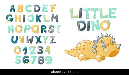 Cartoon cute Dinosaur alfabeto. Carattere Dino con lettere e numeri. Illustrazione vettoriale per i bambini per t-shirt, biglietti, poster, eventi di compleanno, disegno di carta, bambini e progettazione di vivai Illustrazione Vettoriale