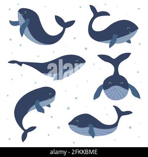 Set di belle balene blu sorriso. Immagine colorata isolata vettoriale disegnata a mano. Fauna selvatica, mammifero dall'oceano Illustrazione Vettoriale
