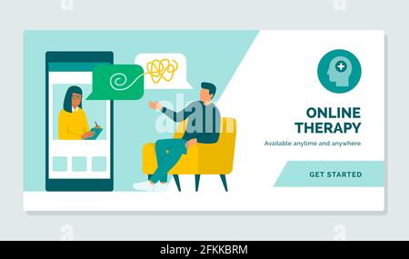 Uomo che parla con uno psicologo professionista online utilizzando il suo smartphone, online terapia concetto Illustrazione Vettoriale