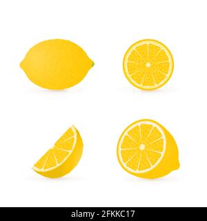 Set di quattro limoni freschi diverse viste intero, mezzo, fetta, cono . Agrumi organici naturali isolati su bianco. illustratore di vettore di limone 3d realistico Illustrazione Vettoriale