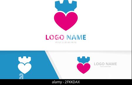 Combinazione di cuore vettoriale e logo del castello. Modello esclusivo per la progettazione di logotipi per la cura della torre. Illustrazione Vettoriale