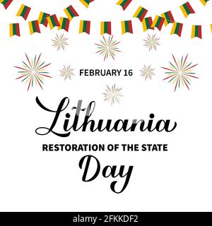 Lituania Restauro della giornata di Stato calligrafia lancetta. Festa lituana festeggia il 16 febbraio. Modello vettoriale per banner, tipografia Illustrazione Vettoriale