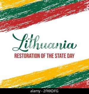 Lituania Restauro del poster tipografico della Giornata dello Stato. Festa lituana festeggia il 16 febbraio. Modello vettoriale per banner, volantino, biglietto d'auguri Illustrazione Vettoriale