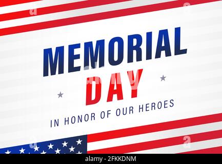 Banner orizzontale Happy Memorial Day USA. Modello grafico astratto isolato. Lettere in colori USA in onore dei nostri eroi. Lusso decorativo ca Illustrazione Vettoriale