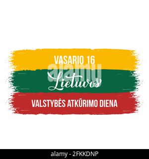 Lituania Restauro della Giornata dello Stato. Poster tipografico lituano. Festeggiamenti il 16 febbraio. Modello vettoriale per banner, volantino, Illustrazione Vettoriale