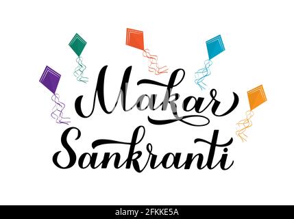 Calligrafia Makar Sankranti scritta a mano con aquiloni colorati isolati su bianco. Biglietto d'auguri per le festività indiane. Festa indù del solstizio invernale. VEC Illustrazione Vettoriale