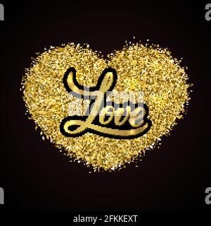 Amore calligrafia scritta a mano scritta su oro glitter cuore. Poster tipografico del giorno di San Valentino. Elemento di disegno facile da modificare per banner, invito Illustrazione Vettoriale