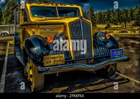 1936 autobus del tour White Model 706, Parco Nazionale di Yellowstone Foto Stock