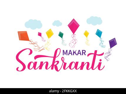 Calligrafia Makar Sankranti scritta a mano con aquiloni colorati isolati su bianco. Biglietto d'auguri per le festività indiane. Festa indù del solstizio invernale. VEC Illustrazione Vettoriale